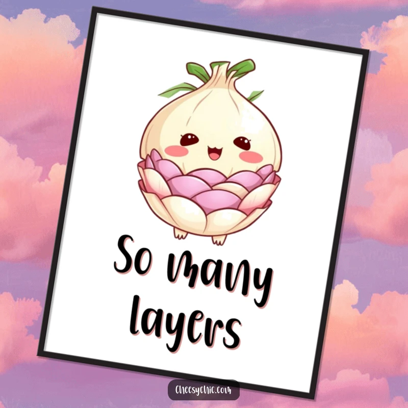 Funny poster showcasing a cute anthropomorphic onion with its layers dramatically peeling back, capturing a moment of pure, comical surprise.