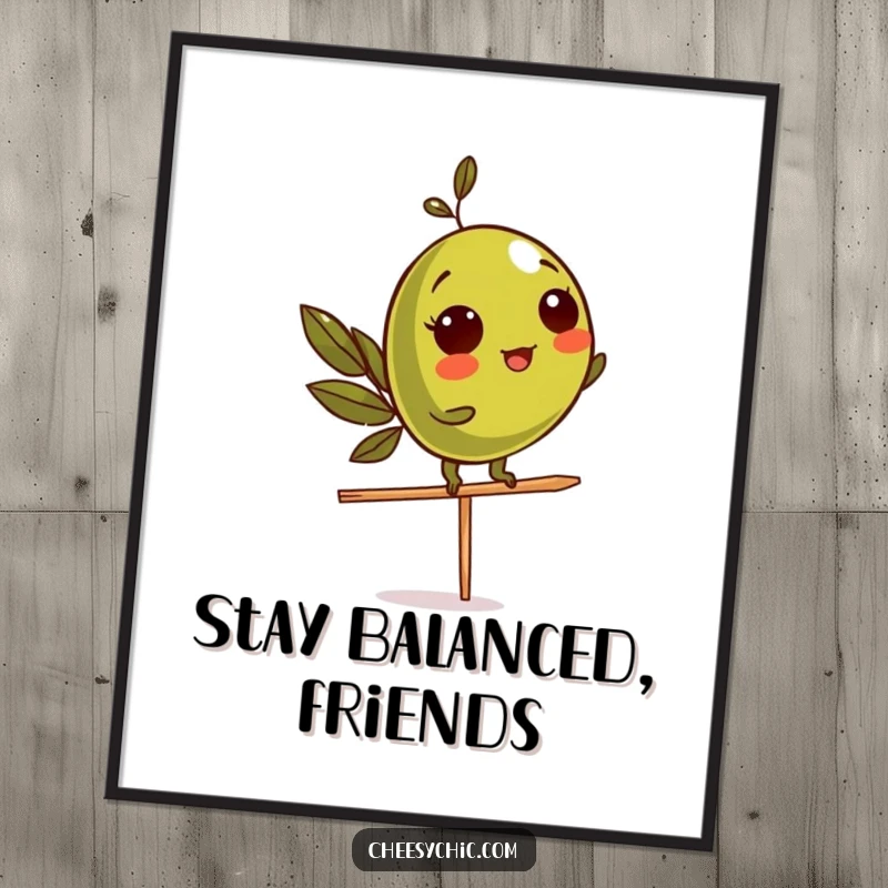 Funny Poster featuring an olive character attempting to balance on a toothpick, a humorous piece for any space.