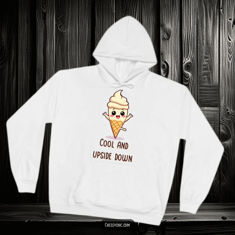 Funny hoodie featuring a happy ice cream cone character mid-cartwheel, stick pointing skyward, embodying sweet, frozen fun.