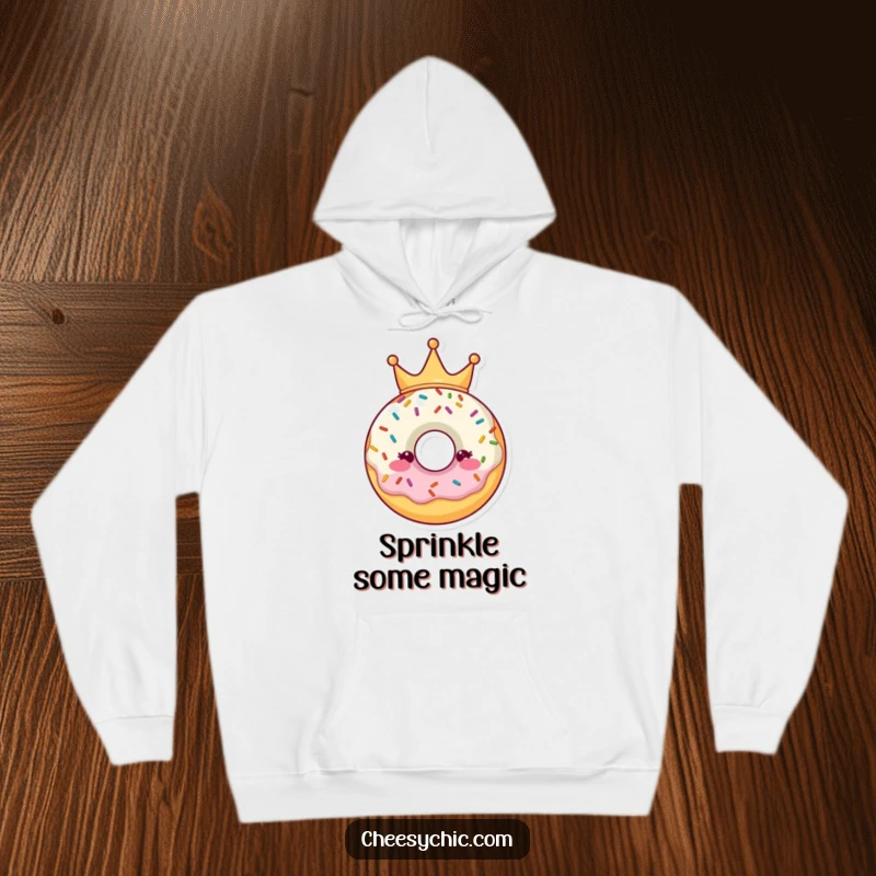 Funny Hoodie featuring a whimsical donut character proudly wearing a crown made of vibrant sprinkles, embodying sweet cheer.