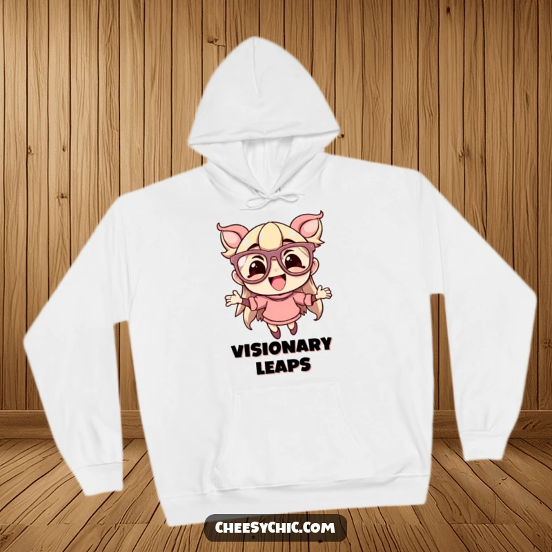 Funny hoodie featuring a character wearing oversized, flamboyant glasses, captured in a delightful leap of joy and energetic spirit.