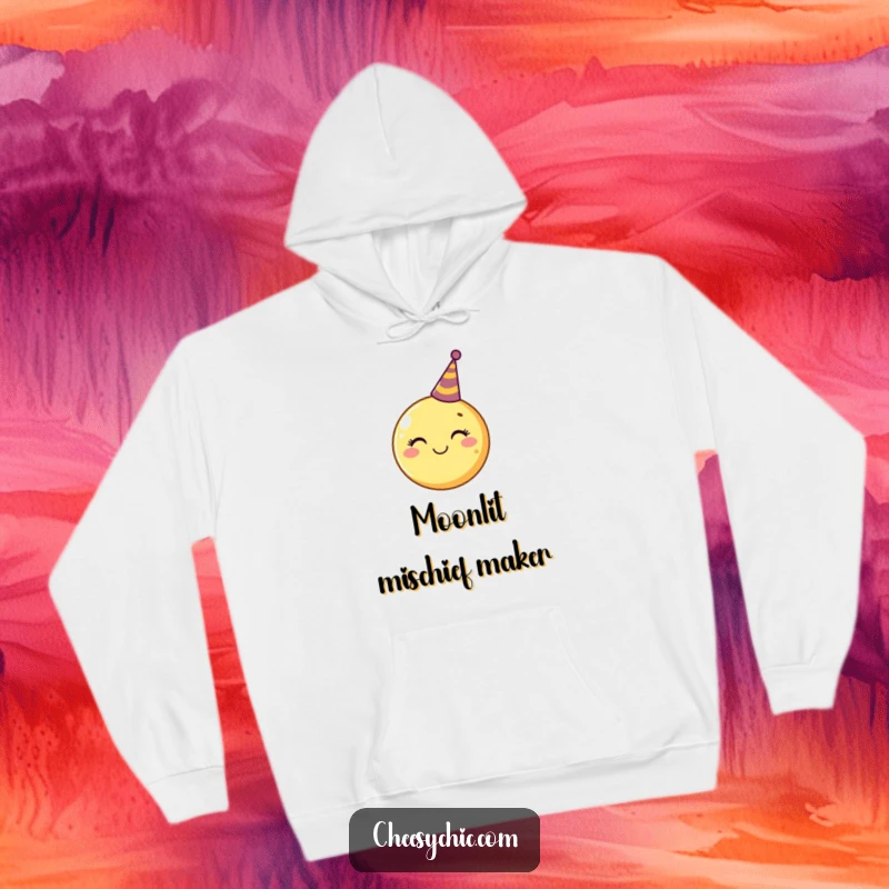 Funny Hoodie depicting a smiling moon with a small party hat, ready for a cozy and fun occasion.