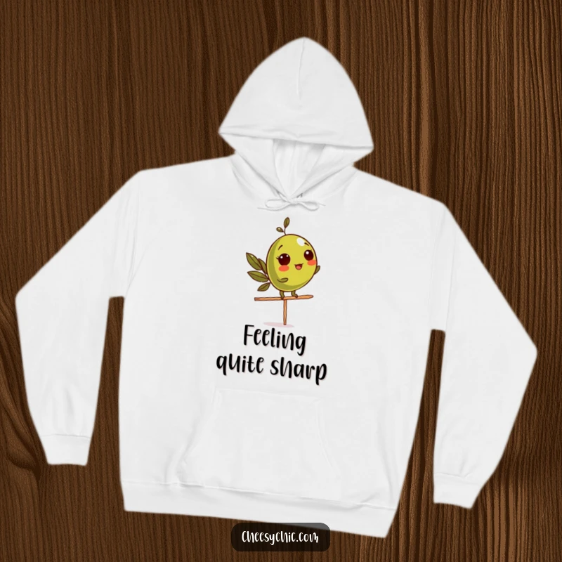 Funny Hoodie showcasing a tenacious olive character struggling to balance on a toothpick, a humorous and cozy design.