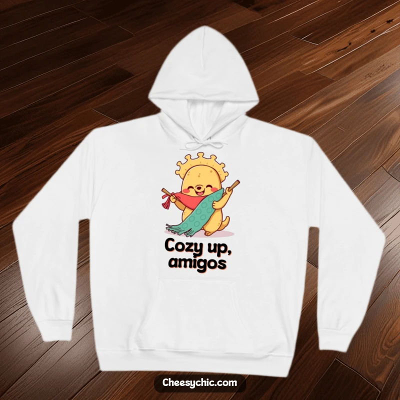 Funny hoodie showing a smiling anthropomorphic taco enthusiastically knitting a giant scarf, bringing warmth and humor.