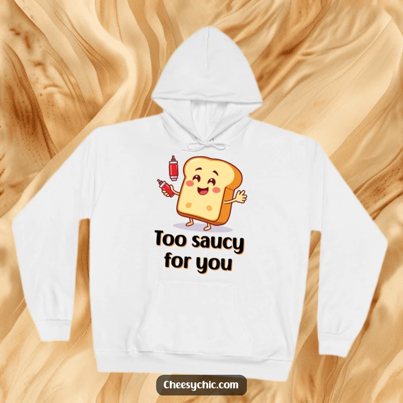 Funny hoodie depicting a happy bread slice juggling ketchup bottles with great energy and a smile.