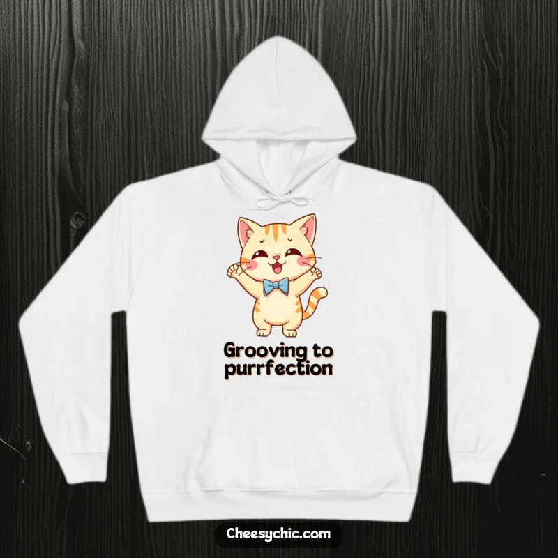 Funny hoodie depicting a cute cat character in a tiny bow tie, energetically performing a silly and hilarious dance.