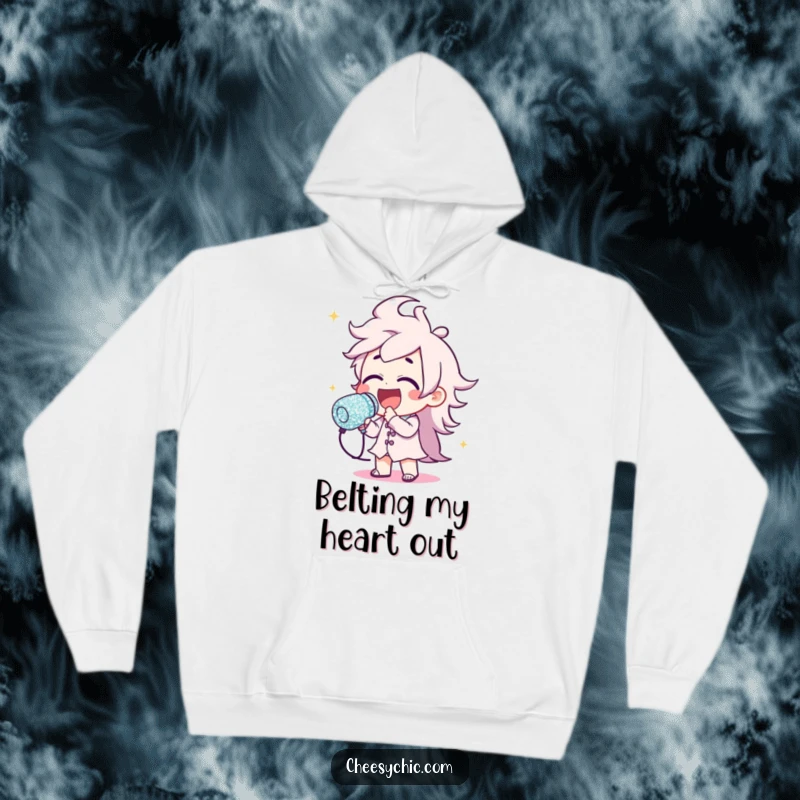 Funny hoodie showing a character performing with a huge, dazzling glitter microphone, perfect for chilly concert nights.