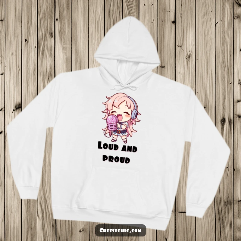 Funny Hoodie: Character singing loudly with a ridiculously large, glitter-covered microphone, cozy and humorous apparel.