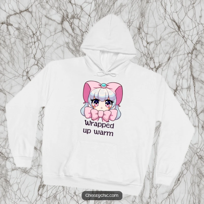 Funny Hoodie: Character peeking from behind a giant bow, with wide, sparkling eyes, cozy and cute apparel.