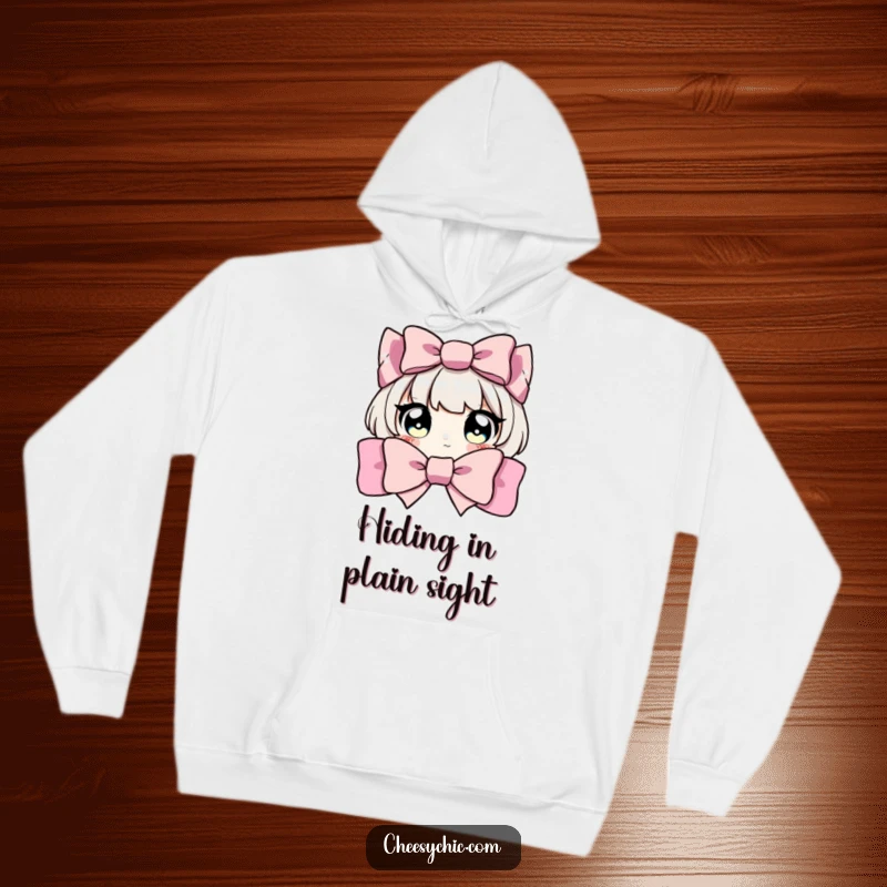 Funny hoodie featuring a character with wide, curious eyes peeking from behind a large, festive bow, offering cozy charm.