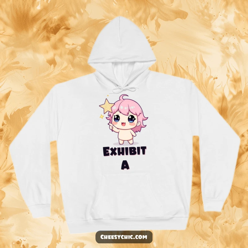 Funny hoodie showcasing a jubilant character pointing with glee at a huge, glittering star, conveying pure excitement and ambition.