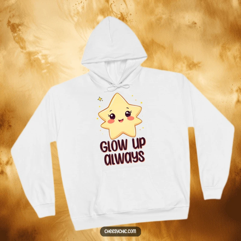 Funny hoodie illustrating a delighted star character exuberantly tossing a cloud of glitter, embodying pure, playful, ecstatic joy.