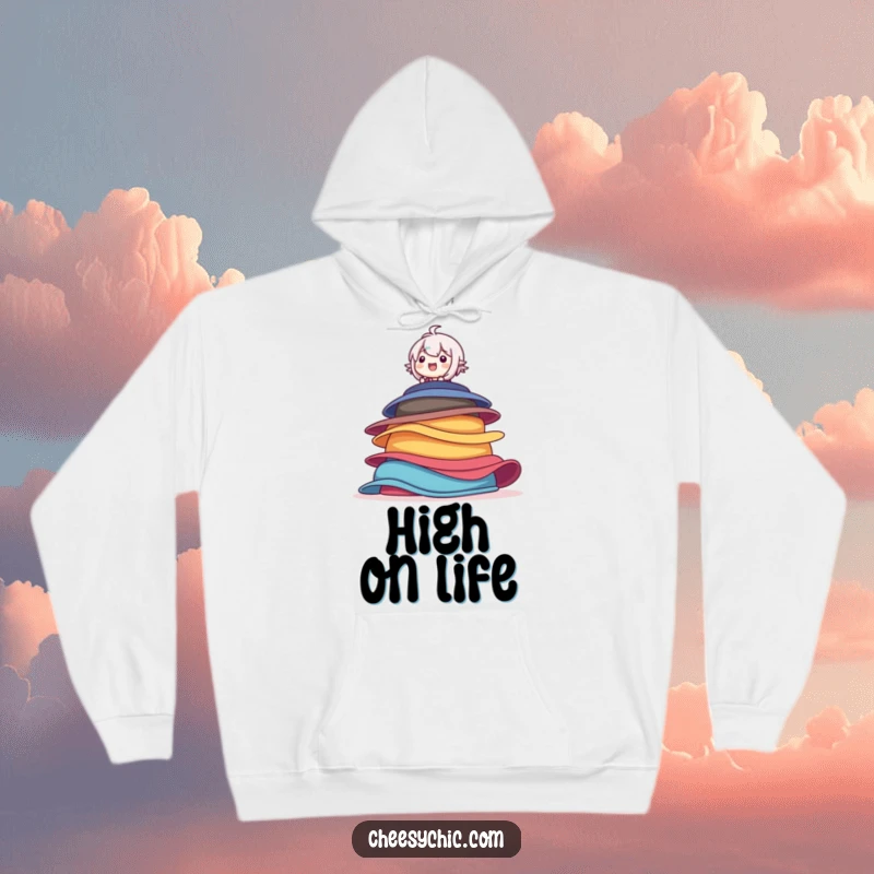 Funny hoodie featuring a character joyfully balancing on a precarious stack of colorful hats, radiating delight and adventure.