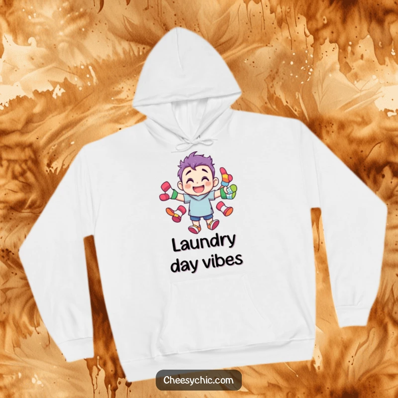 Funny hoodie with a grinning character juggling brightly colored, mismatched socks, providing warmth and a humorous take on laundry.