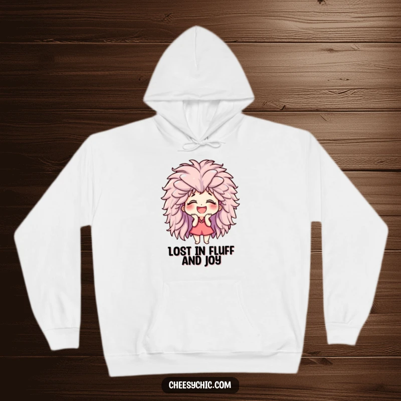 Funny hoodie displaying a small stylized character giggling uncontrollably, their head adorned with a giant, plush, fluffy wig, full of mirth.