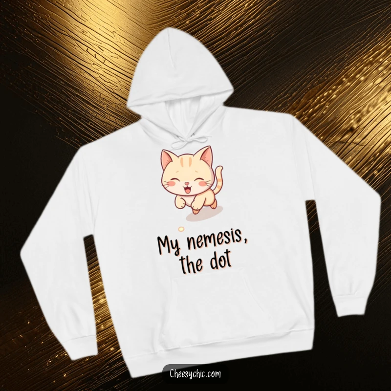 Funny hoodie showing a cute cat in hot pursuit of a laser pointer dot on the floor, playful and humorous.