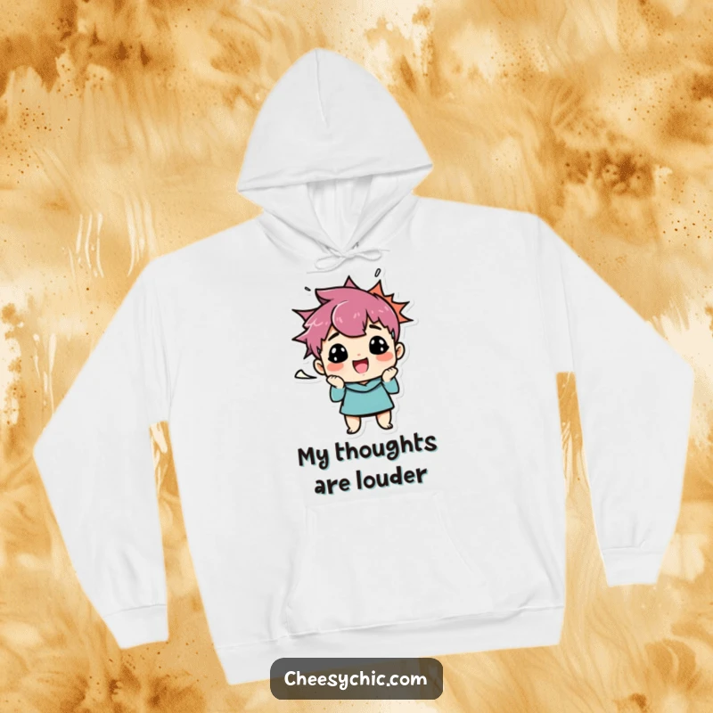 Funny hoodie displaying a small, stylized character in a comical funny face pose, with a dynamic speech bubble adding to the humorous visual.