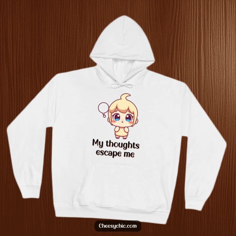 Funny hoodie depicting a small stylized character looking extremely surprised with wide eyes and a popping speech bubble, a humorous visual.