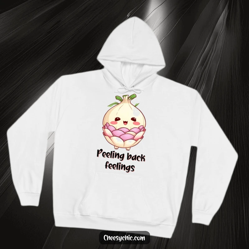 Funny hoodie featuring a cute, wide-eyed anthropomorphic onion caught in a moment of surprise as its layers peel back dramatically.