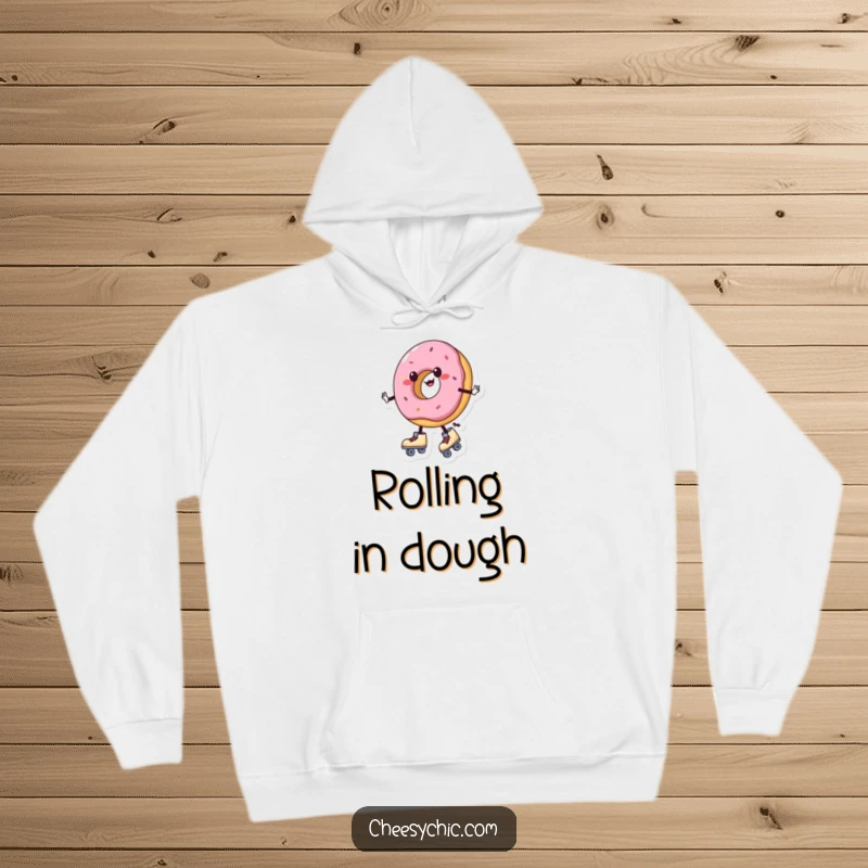 Funny hoodie featuring a charming anthropomorphic donut wearing roller skates and wobbling unevenly, perfect for chilly days and playful moments.