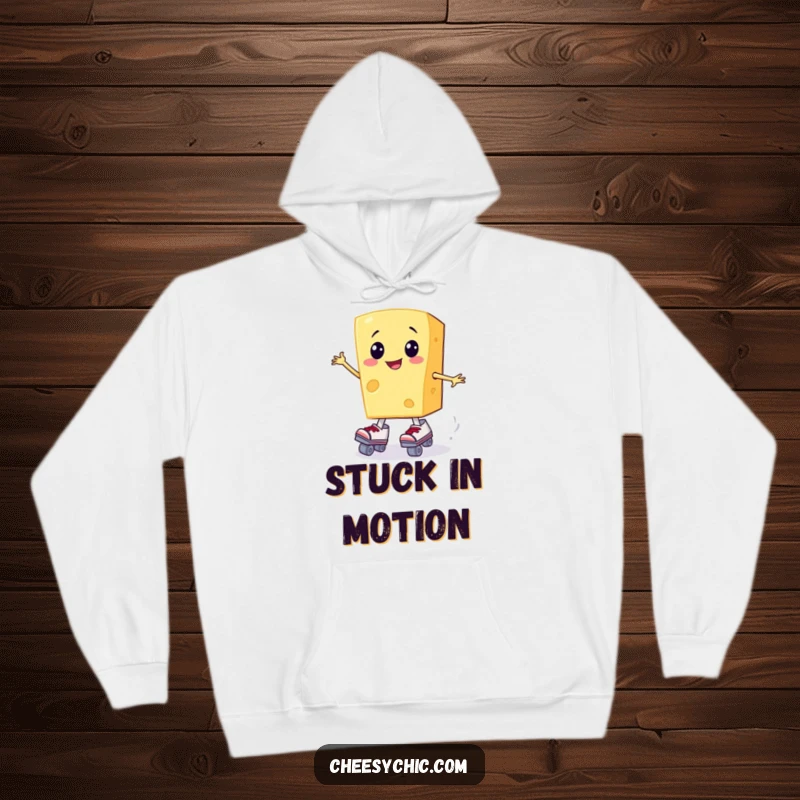 Funny hoodie displaying a smiling cheese slice trying to put on roller skates, full of cheesy enthusiasm.