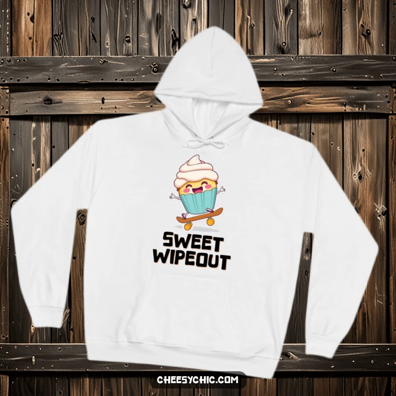 Funny hoodie featuring a happy anthropomorphic cupcake comically falling off a tiny skateboard, embodying playful clumsiness.