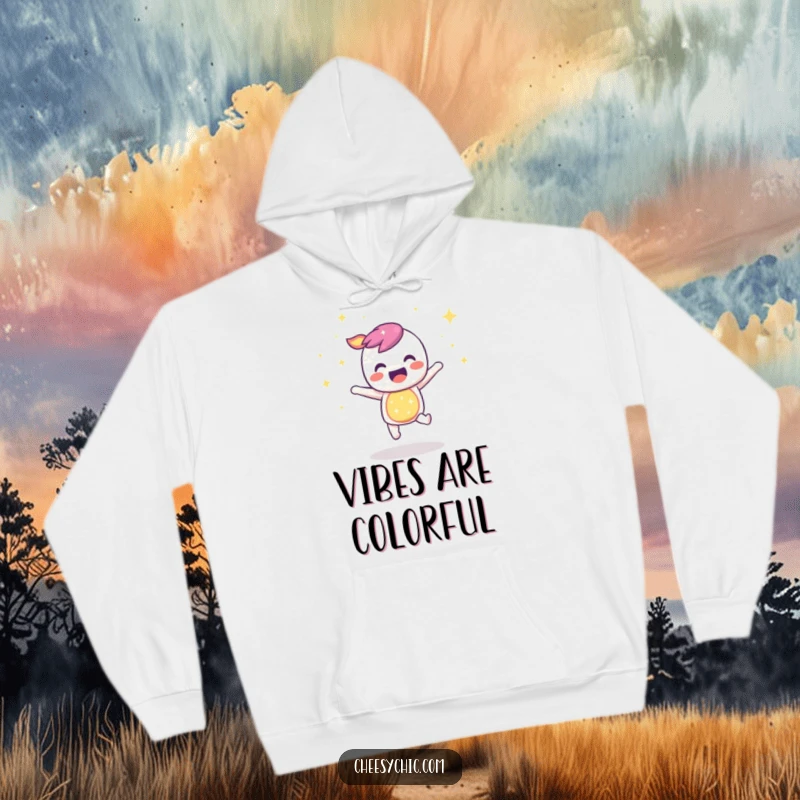 Funny hoodie featuring a happy, sparkly rainbow character bouncing with infectious joy, embodying pure, vibrant cheerfulness.