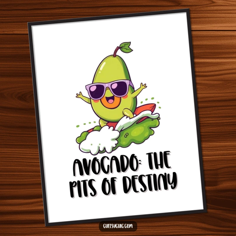 Funny Free Printable Wall Art: A cheerful avocado in sunglasses surfs a massive wave of guacamole on a surfboard.