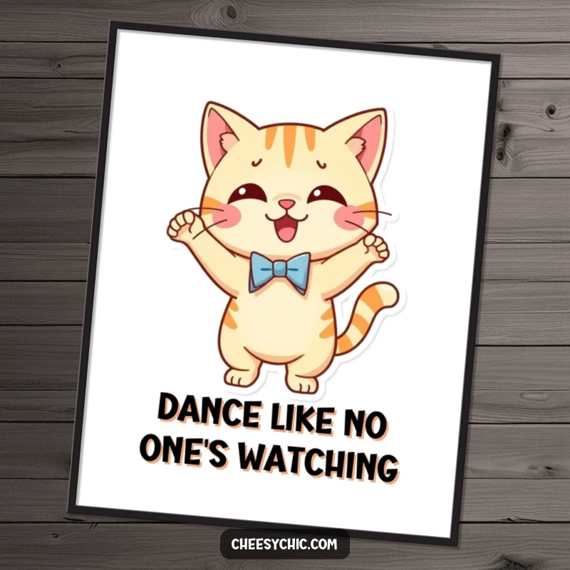Funny Free Printable Wall Art: A cat wearing a tiny bow tie is captured mid-silly dance, full of motion and fun.