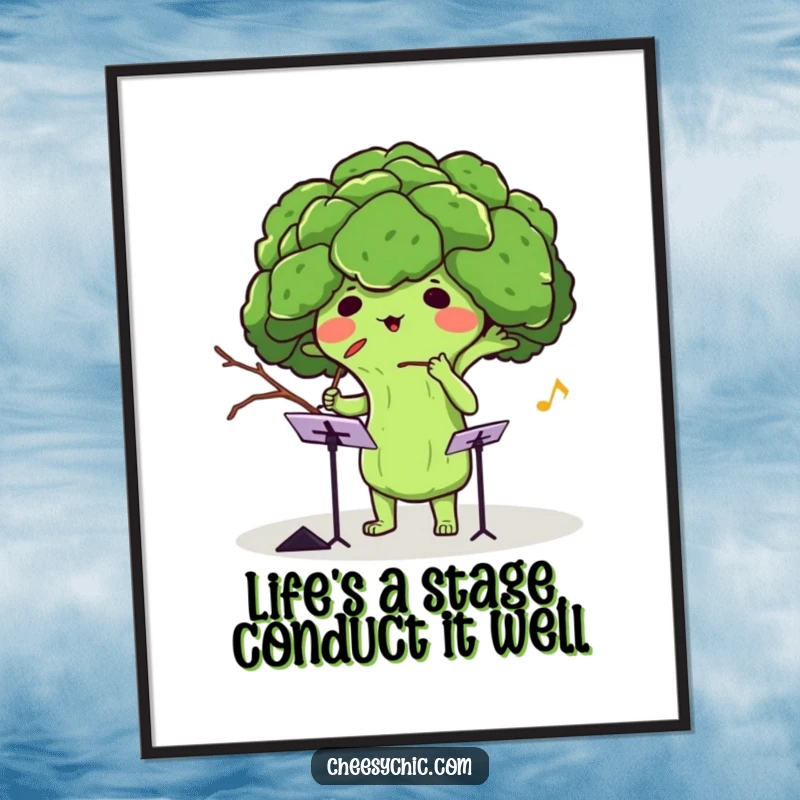 Funny Free Printable Wall Art: An adorable broccoli enthusiastically conducting an invisible orchestra with a small twig.