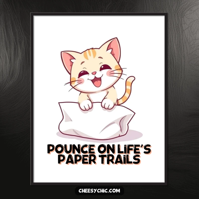 Funny Free Printable Wall Art: Cat mid-pounce on creased paper, capturing energetic and chaotic fun.