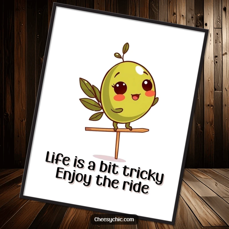 Funny Free Printable Wall Art: Goofy olive character skillfully balancing on a toothpick, adding quirky decor.