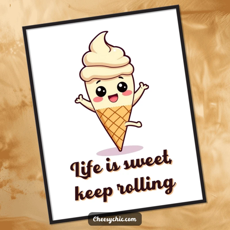 Funny Free Printable Wall Art: An energetic ice cream cone character doing a cartwheel, creating a dynamic and playful downloadable art piece.