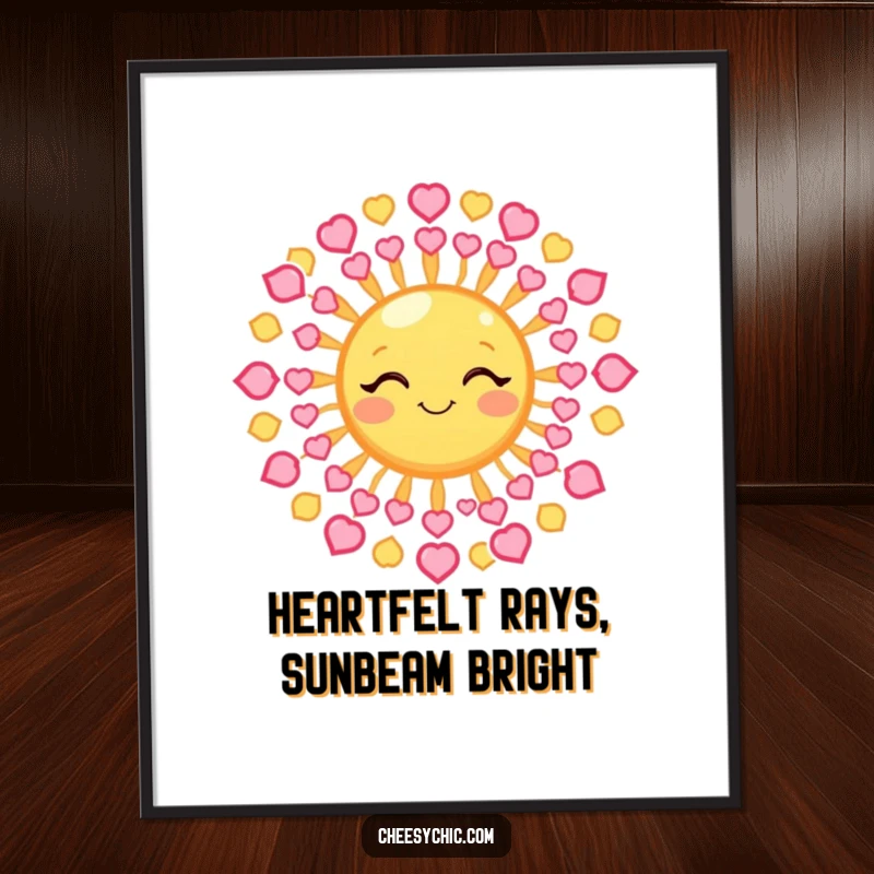 Funny free printable wall art: A cheerful winking sun with its rays beautifully formed from tiny, loving hearts.