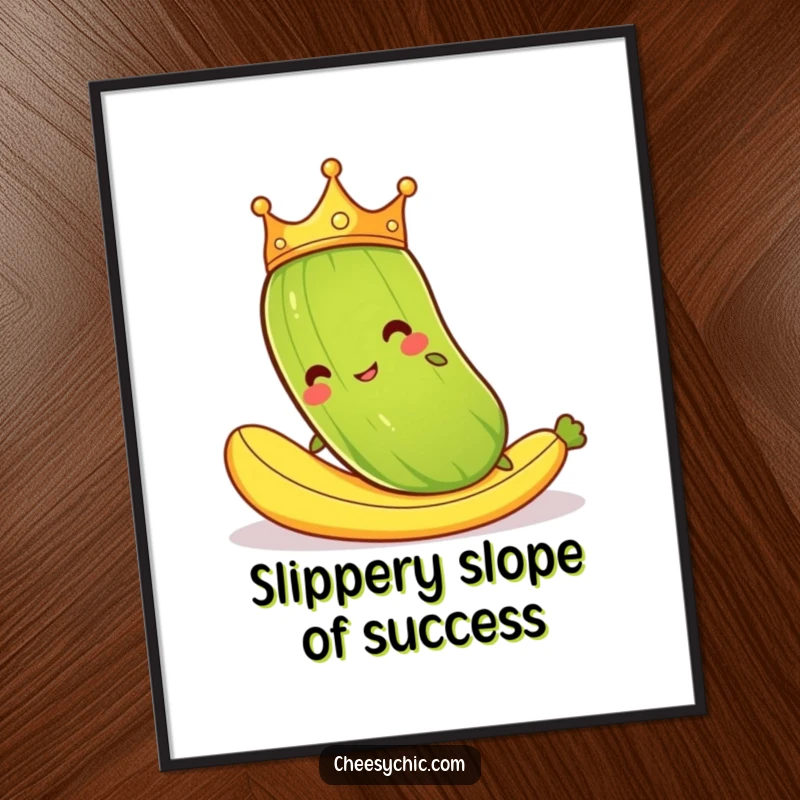 Funny Free Printable Wall Art: Cartoon pickle wearing a crown hilariously slips on a banana peel, a comical art piece.