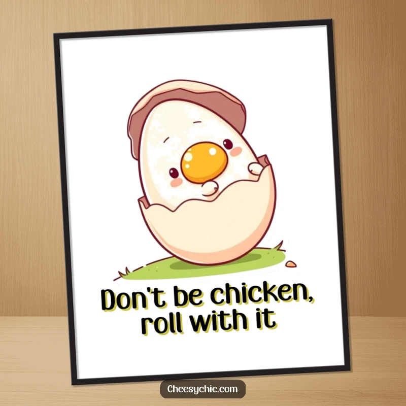 Funny Free Printable wall art: An anthropomorphic egg in its shell joyfully rolling down a hill, full of life.