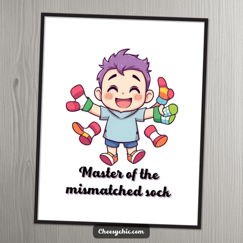 Funny Free Printable Wall Art: Character Grinning While Juggling Many Colorful Mismatched Socks