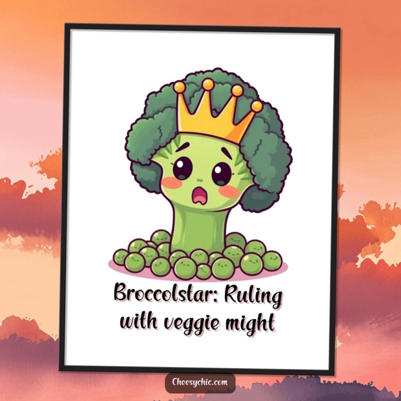 Funny Free Printable Wall Art: A surprised broccoli floret in a tiny crown reigns over a kingdom of tiny peas.