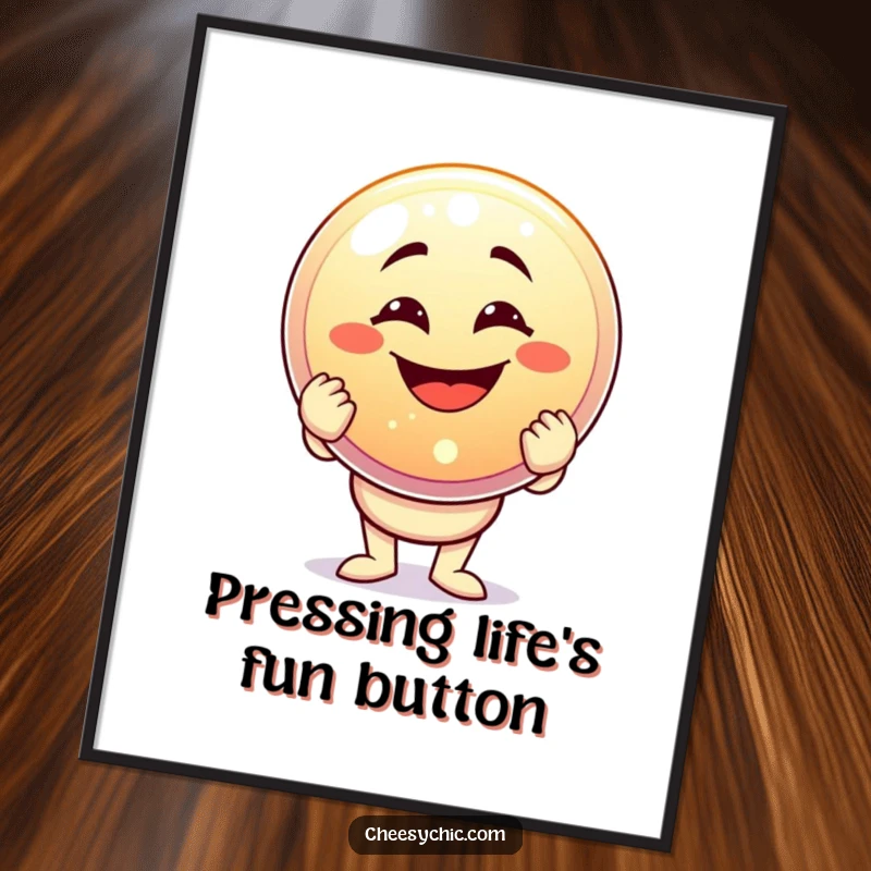 Funny Free Printable Wall Art: A character with a huge goofy grin holds up a giant, dazzlingly sparkling button.