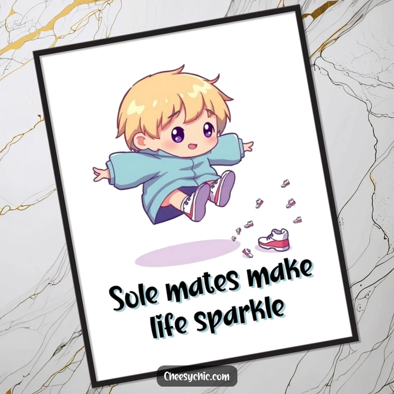 Funny free printable wall art, a character playfully tripping, with a cascade of tiny, shiny shoes.