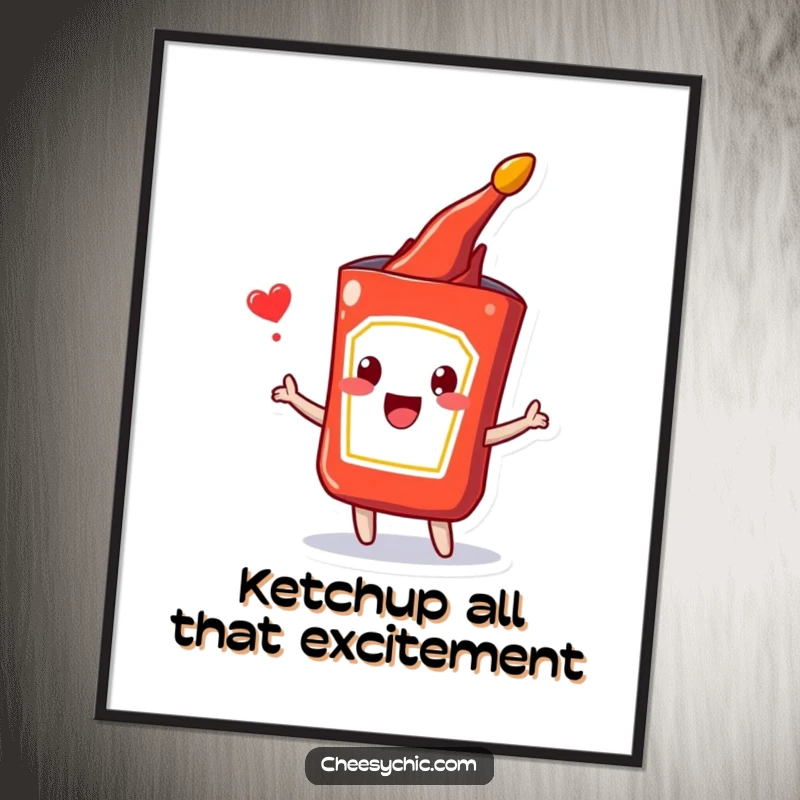 Funny Free Printable Wall Art depicting a happily bursting ketchup packet, bringing a playful energy to any room.