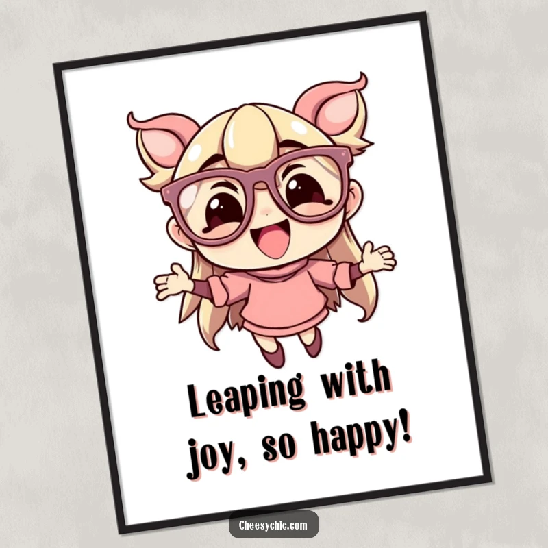 Funny Free Printable Wall Art: Character with Oversized Flamboyant Glasses Leaping with Pure Delight