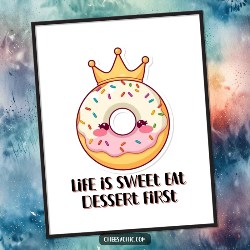 Funny Free Printable Wall Art: Cute donut character sporting a festive sprinkle crown, adding sweet decor.