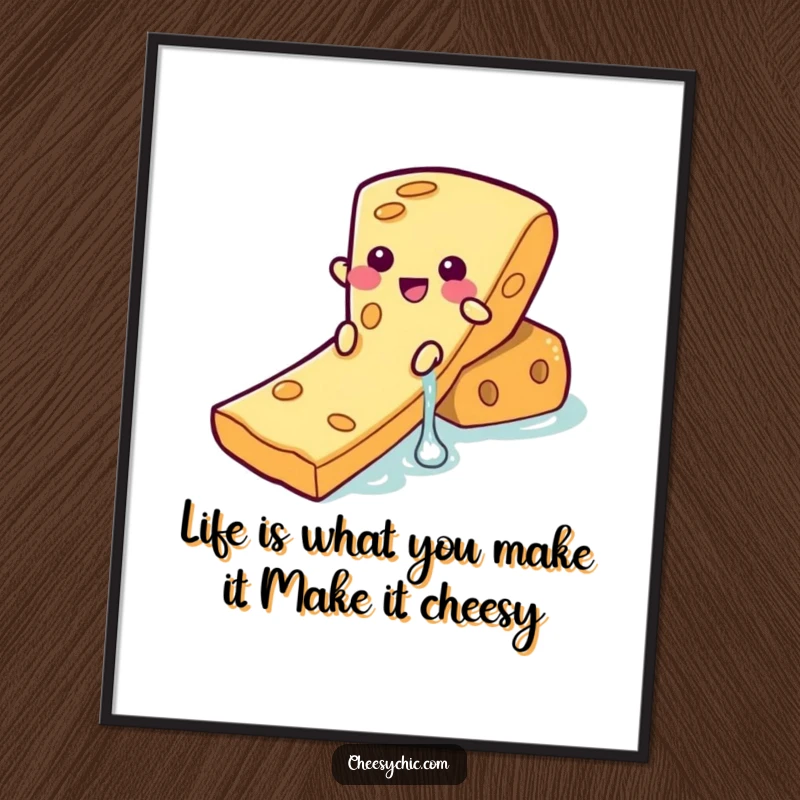Funny Free Printable Wall Art: Amusing slice of cheese character having a grand time sliding down a cracker.