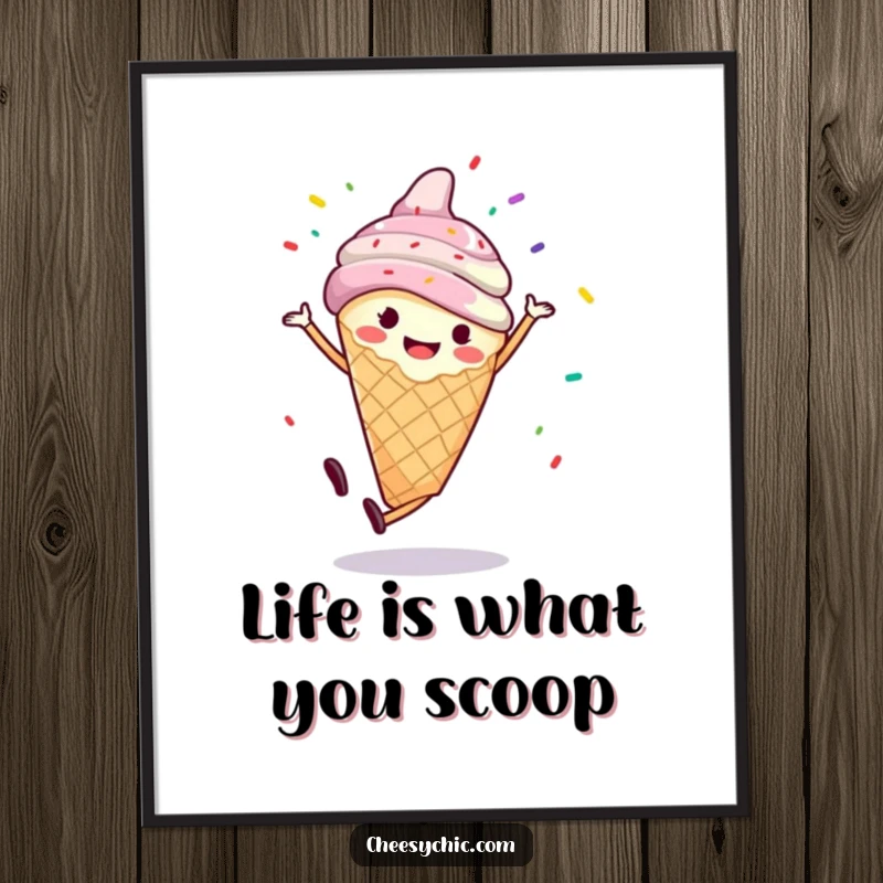Funny Free Printable Wall Art: Smiling ice cream cone performs a cartwheel with sprinkles flying, a joyful and colorful art piece.