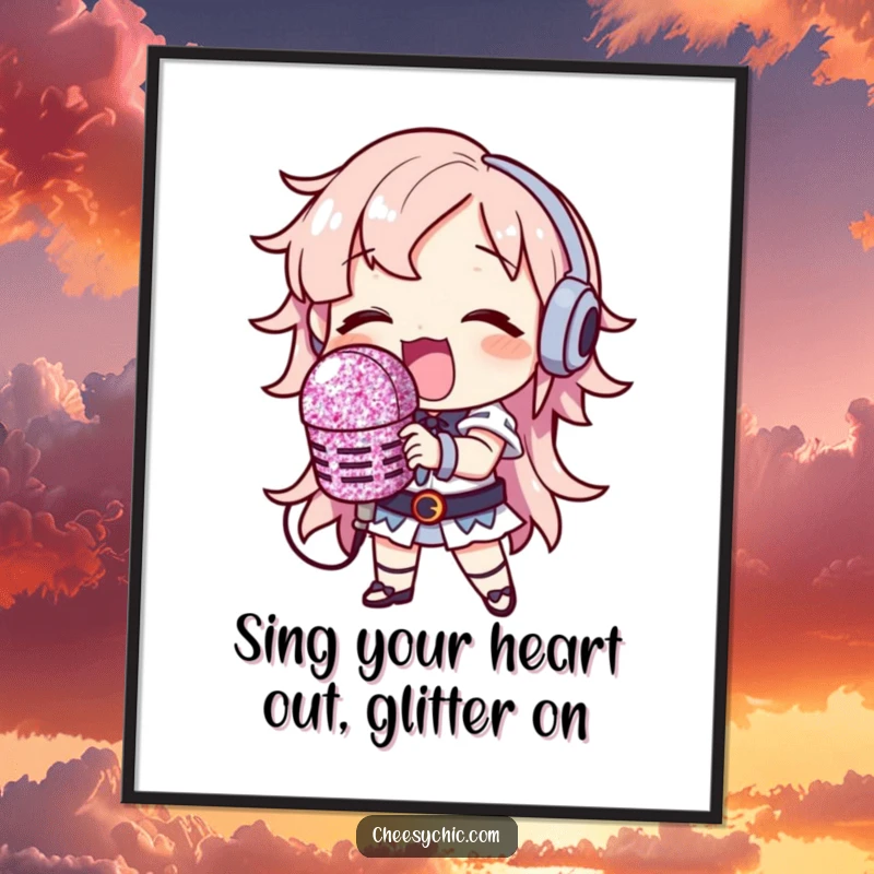 Funny free printable wall art, a character belting out a song with a ridiculously large, glitter-covered microphone.