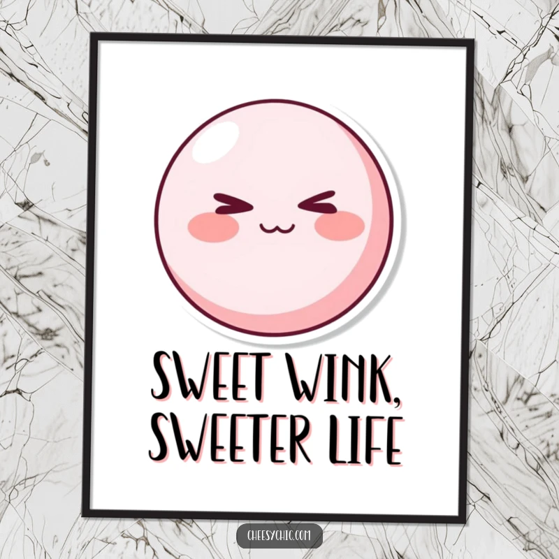 Funny Free Printable Wall Art: A round, pink character with rosy cheeks, winking mischievously and radiating charm.