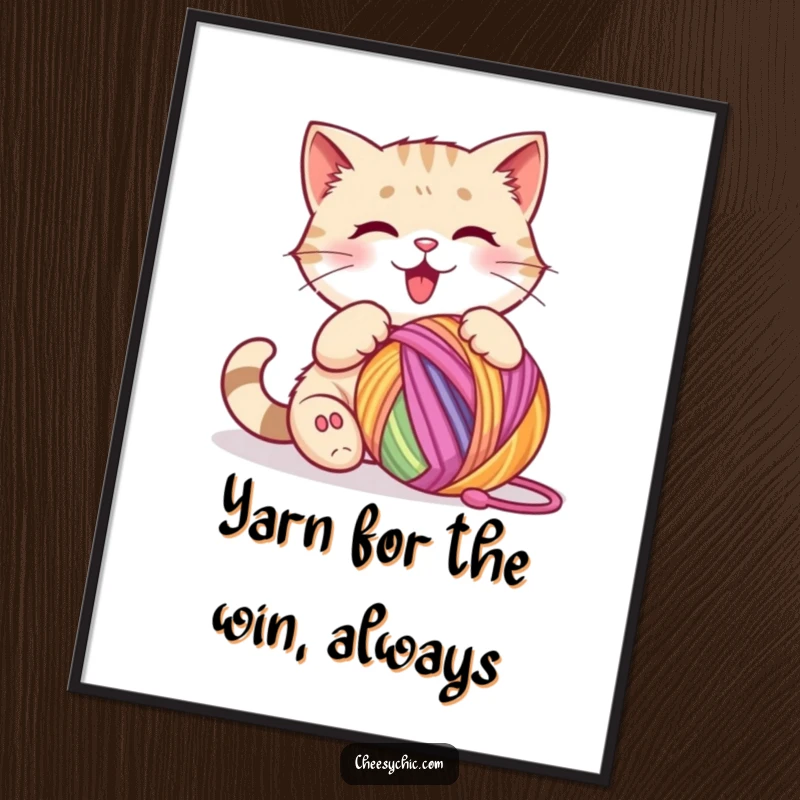 Funny Free Printable Wall Art: Cat energetically batting a colorful ball of yarn, capturing pure playful delight.