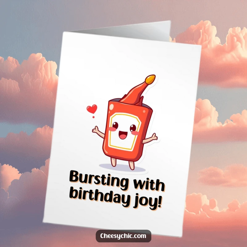 Funny Free Printable Birthday Card showing a happy ketchup packet bursting with excitement, perfect for a lively celebration.