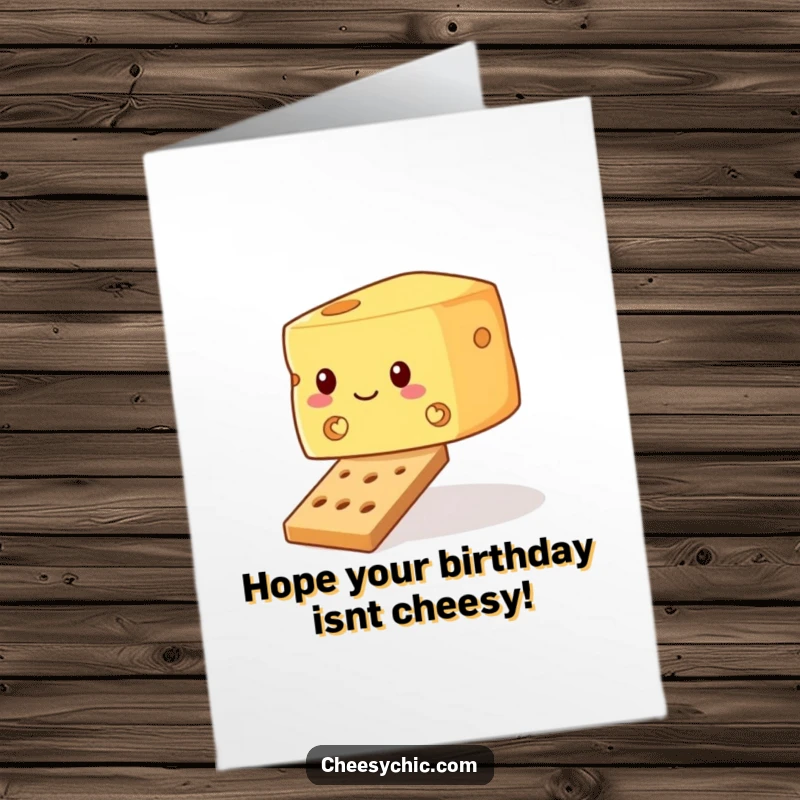 Funny Free Printable Birthday Card: A wobbly block of cheese hilariously attempts to balance itself on a very tiny cracker.